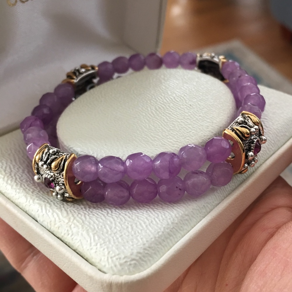 Faceted genuine amethyst & silver metal bracelet